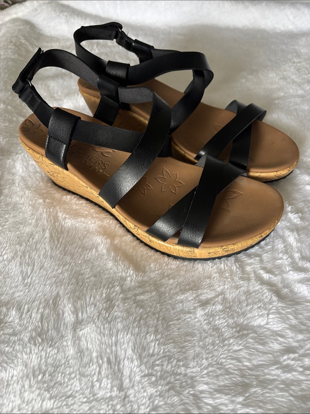 Skechers Black Strappy Comfort Sandals with Tan Footbed